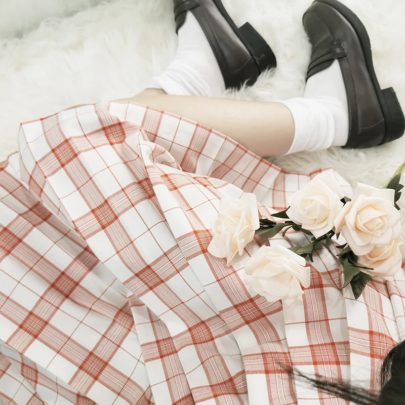 Женская летняя юбка с высокой талией розовая/белая плиссированная в клетку |