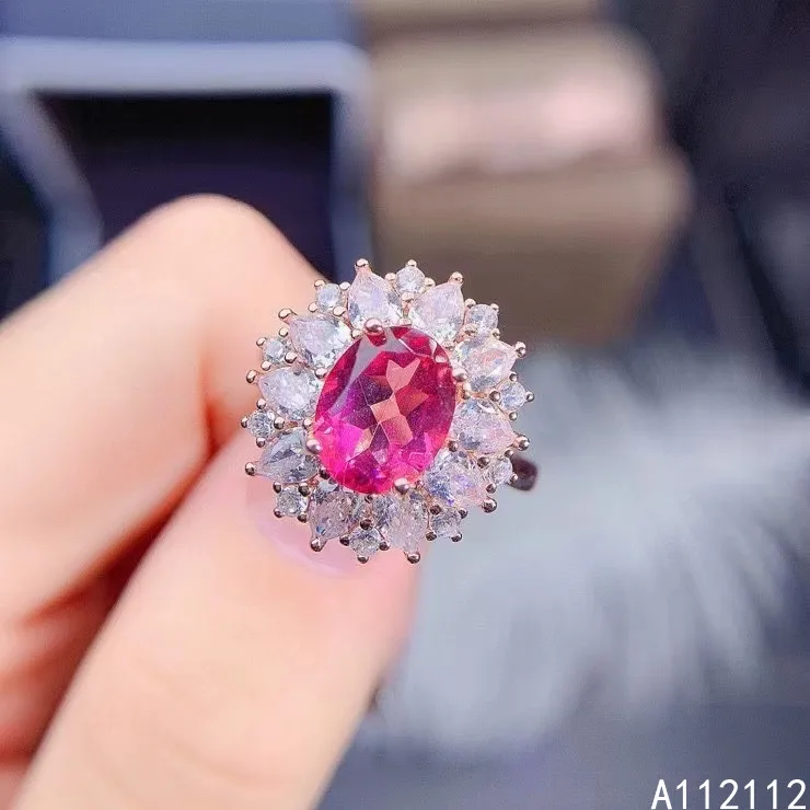

Fine Jewelry 925 Sterling Silver Inlaid With Natural Gemstone Luxury Exquisite Flower Pink Topaz Women's OL Style Ring Support D