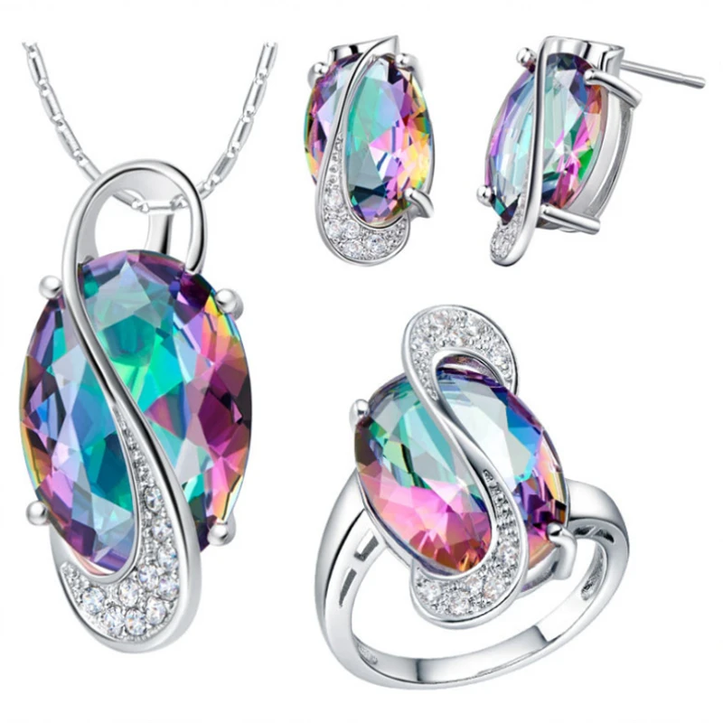 Женское кольцо из чистого серебра 925 пробы с разноцветным цирконием колье и