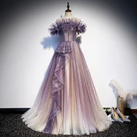 purple evening dresses off shouder sequin pleated boat neck short sleeve backless lace up celebrity prom gowns robes de soir%c3%a9e