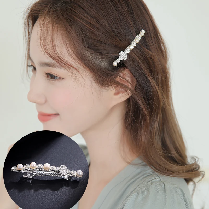 

CHIMERA Women Silver Four-Leaf Clover Natural Pearl Hairpin Medium Crystal Hair Clip Clamp Alloy Hairgrip For Girls Accessories