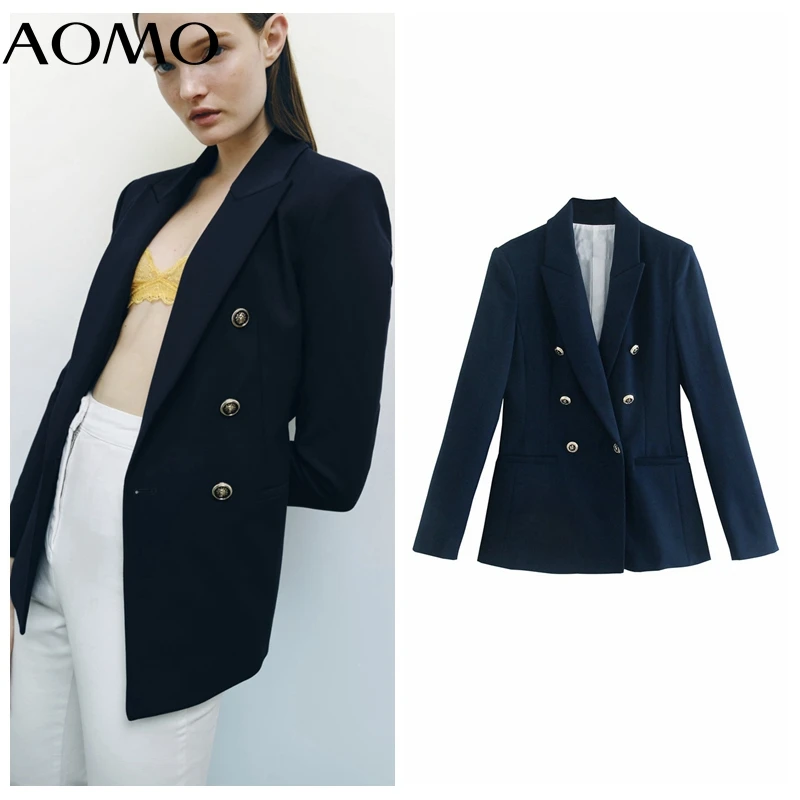 

AOMO Women Navy Blazer Coat Vintage Notched Collar Pocket 2021 Autumn New Female Work Chic Tops 2W39A