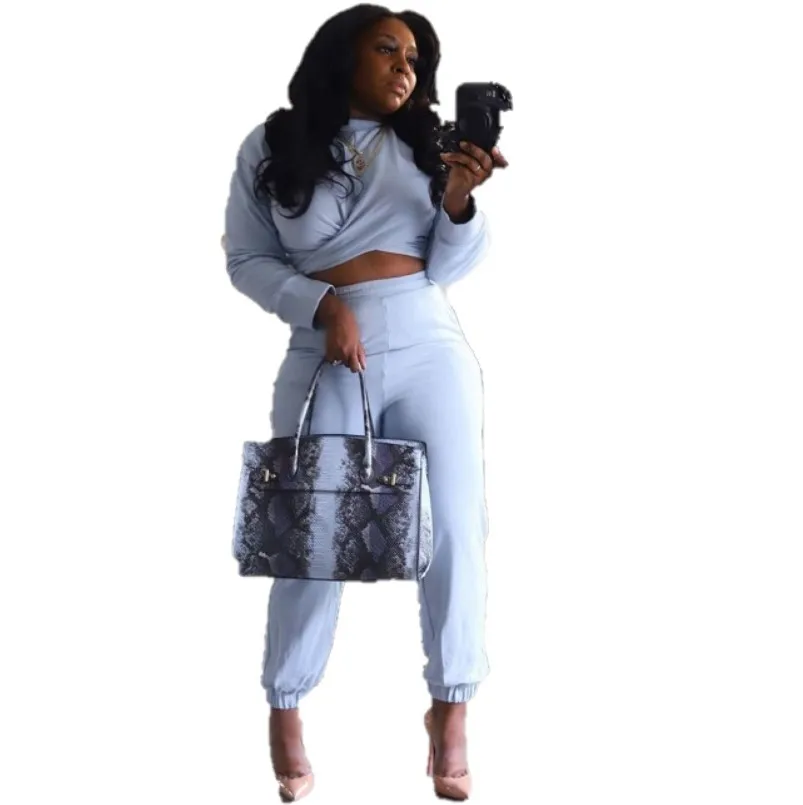 

Women Big Size Casula Solid Traxksuits Outfits Autumn New Female's High Waist Sweatpants neck Short Pullover Two Piece Sets