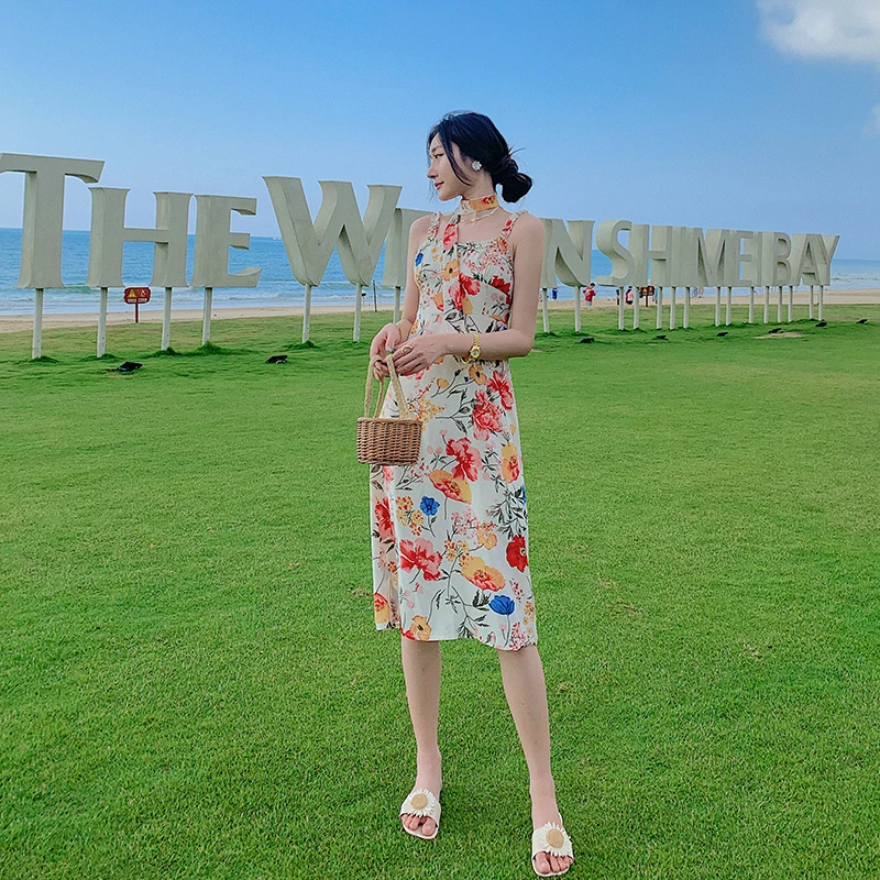 

2021 Women's Summer New Fashion Sling Square Collar Seaside Holiday Backless Floral Print Midi Dress