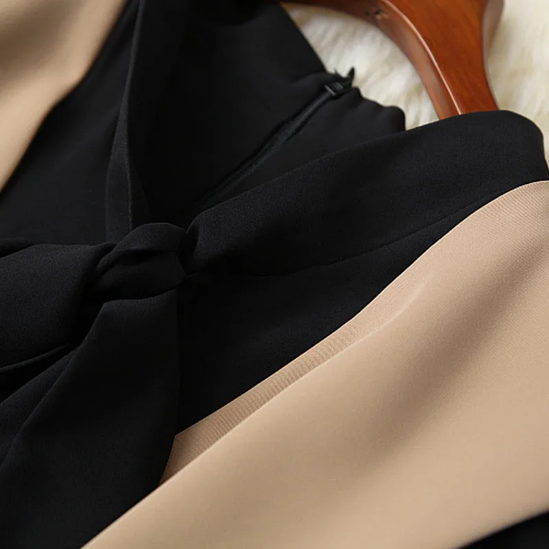 

Elegant Butterfly Sleeve Bow Collar Patchwork Solid Office Summer Dress Women Designers Knee Length Simple Robe Femme Workwear