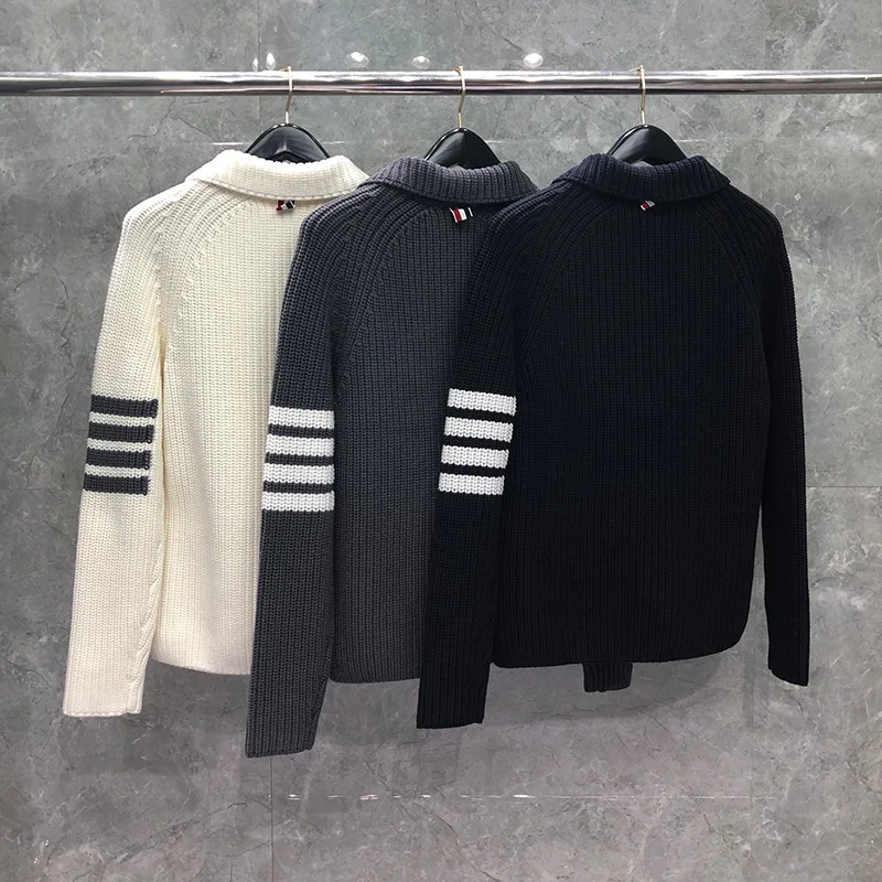 

TB 2021 Fashion THOM Brand Sweater Men Turn Down Collar Cardigans Clothing Striped Wool Solid Zipper Thick Winter Casual Coat