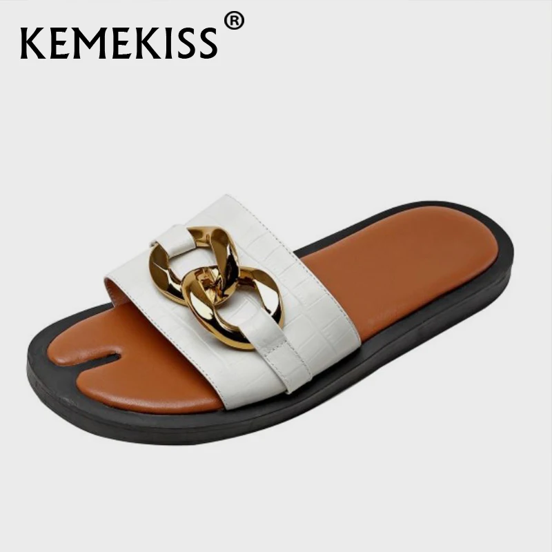 

KemeKiss Slippers For Women Real Leather Round Toe Summer Women Shoes Metal Decoration Casual Ladies Footwear Size 35-40