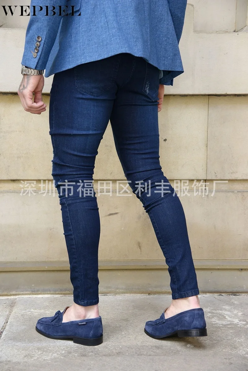 

WEPBEL Streetwear Mens Jeans Destroyed Ripped Design Slim Fit Pencil Pants Skinny Men Full Length Jeans Hole Denim Trouser