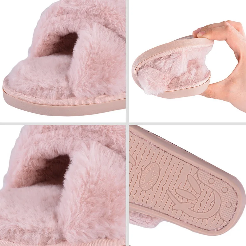 

LITTHING Warm Fluffy Slippers Women Cozy Faux Fur Cross Indoor Floor Slides Flat Soft Ladies Female Celebrities Flip Flops 36-43
