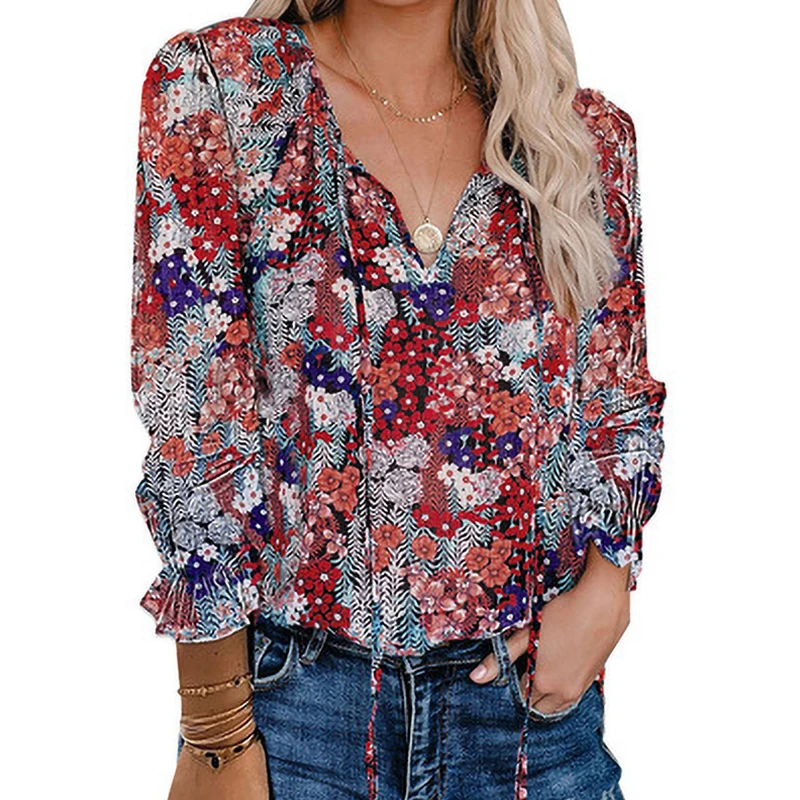 

Elegant Ladies Flowers Chiffon V-neck T Shirt Clothing Long Sleeve Lightly Cooked Style Loose Casual Pullover Shirts Lady