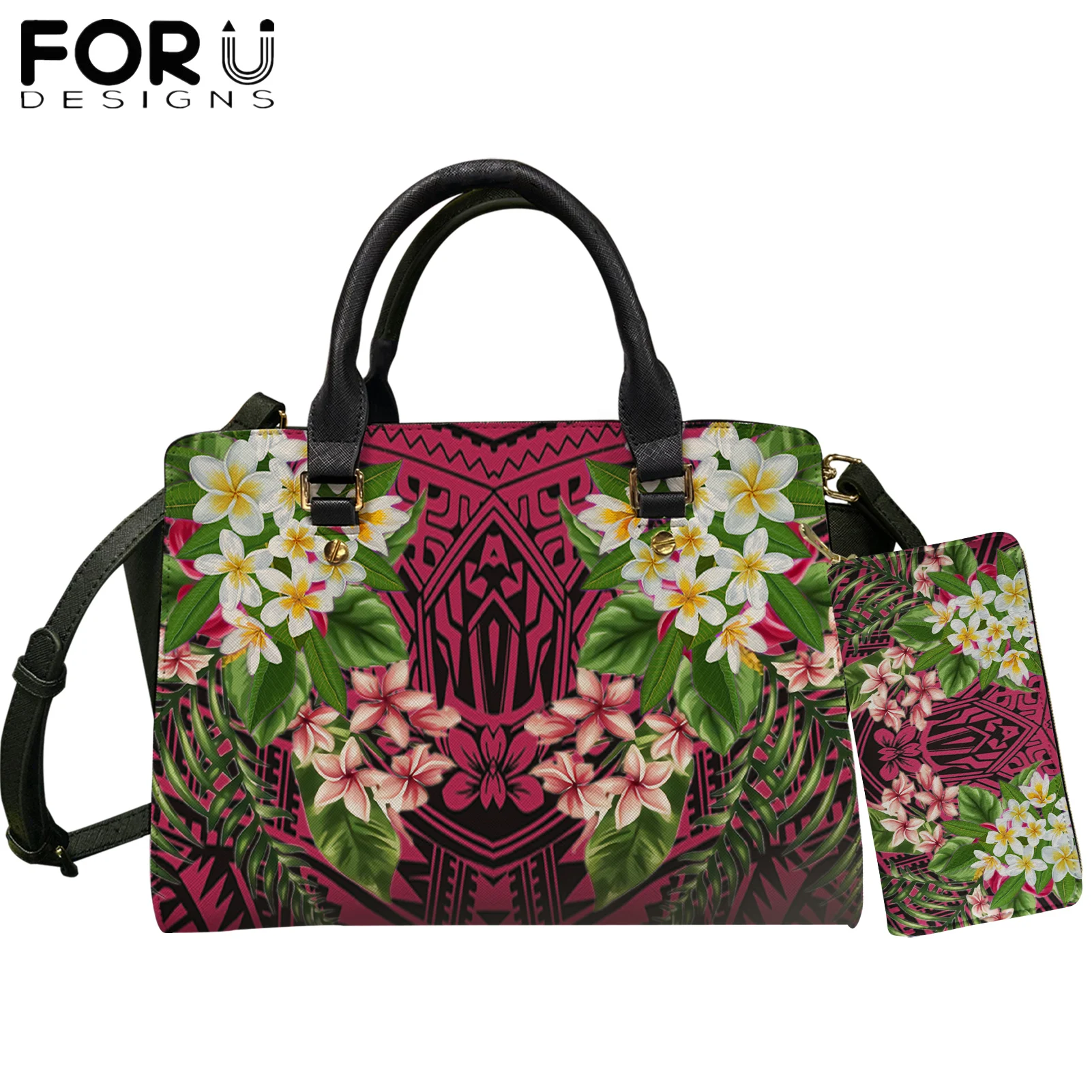 

FORUDESIGNS New Fashion Lady PU Leather Handbag&Purse Set Hawaii Polynesian Plumeria Floral Gradient Prints Women Top Handle Sac