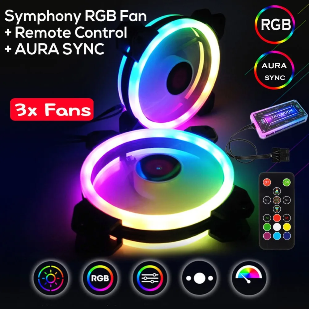 120 мм RGB Вентилятор Cooler 5pin двойной аура 1/3/6 шт. ПК Вентиляторы пульт дистанционного управления компьютером Процессор Вентилятор охлаждения Регулируемая цветная(RGB) и Скорость вентилятора