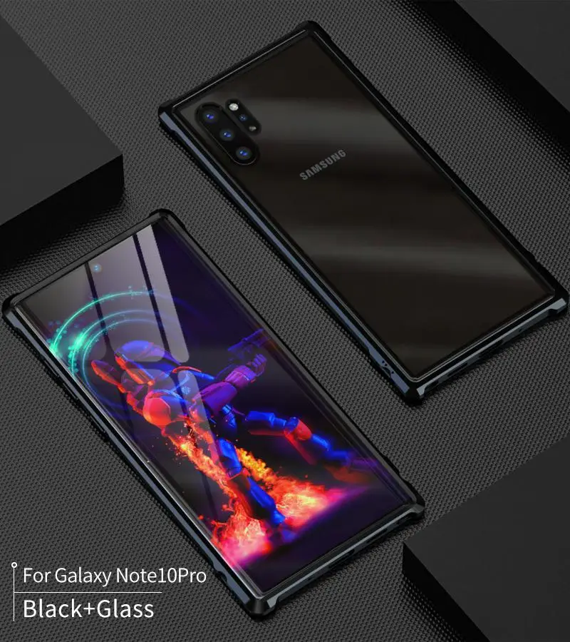 Роскошный Алюминиевый металлический чехол для телефона ромб для samsung Galaxy Note 10/Pro задняя крышка из закаленного стекла для samsung Note 10 Plus - Цвет: Черный