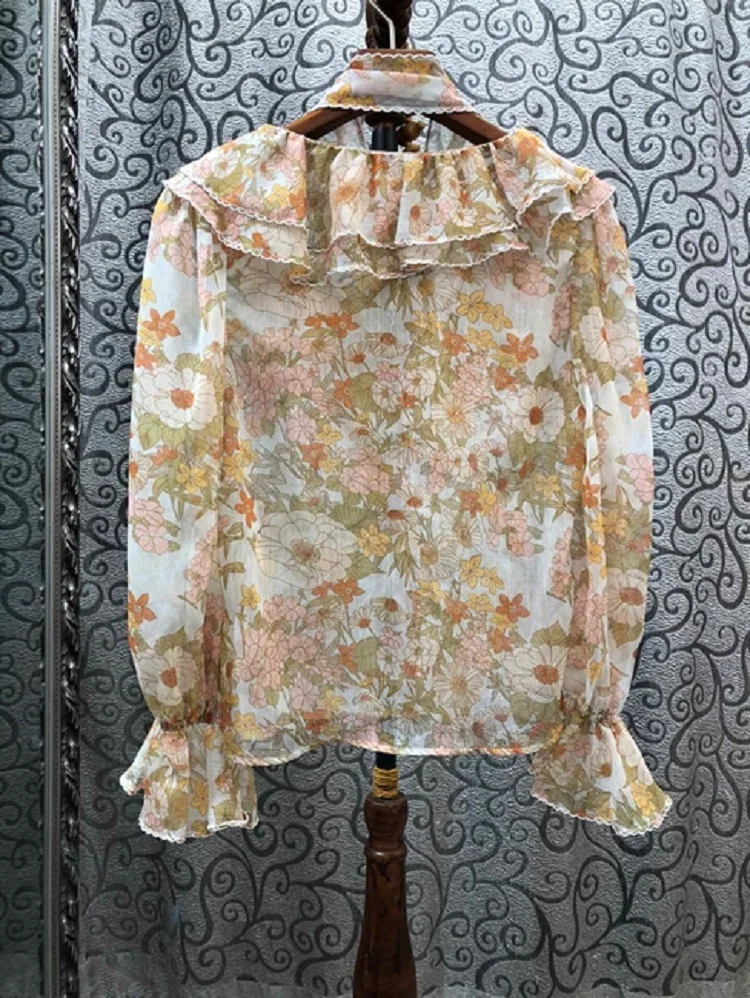 

2020 Summer Fashion Blouses High Quality Women Bow Collar Elegant Floral Print Tunic Buttons Flare Sleeve Casual Shirts Ladies