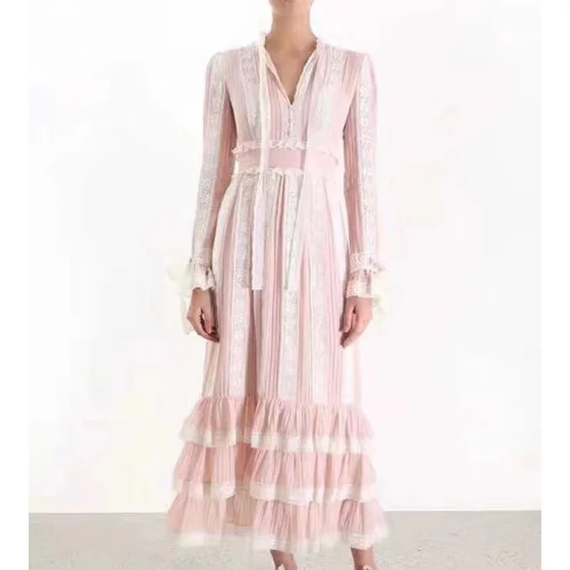 HIGH QUALITY New Fashion 2019 Designer Runway Dress Women's Long Sleeve Lace Patchwork Pleated Midi | Женская одежда
