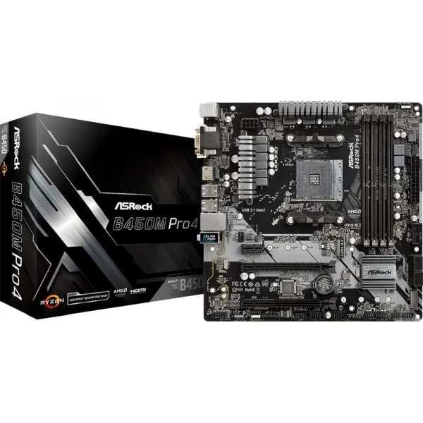 Материнская плата asrock b450m pro4 soc-am4 amd b450 4xddr4 matx ac`97 8ch(7.1) gblan raid+vga+dvi+hdmi | Компьютеры и