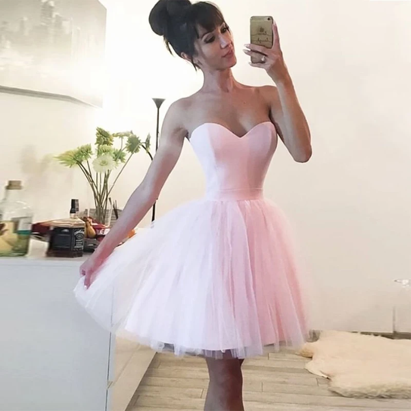 

Pink Sweetheart Neckline Short Cocktail Dresses Lovely Tulle Skirt 2020 Simple Formal Party Dress Homecoming Gowns
