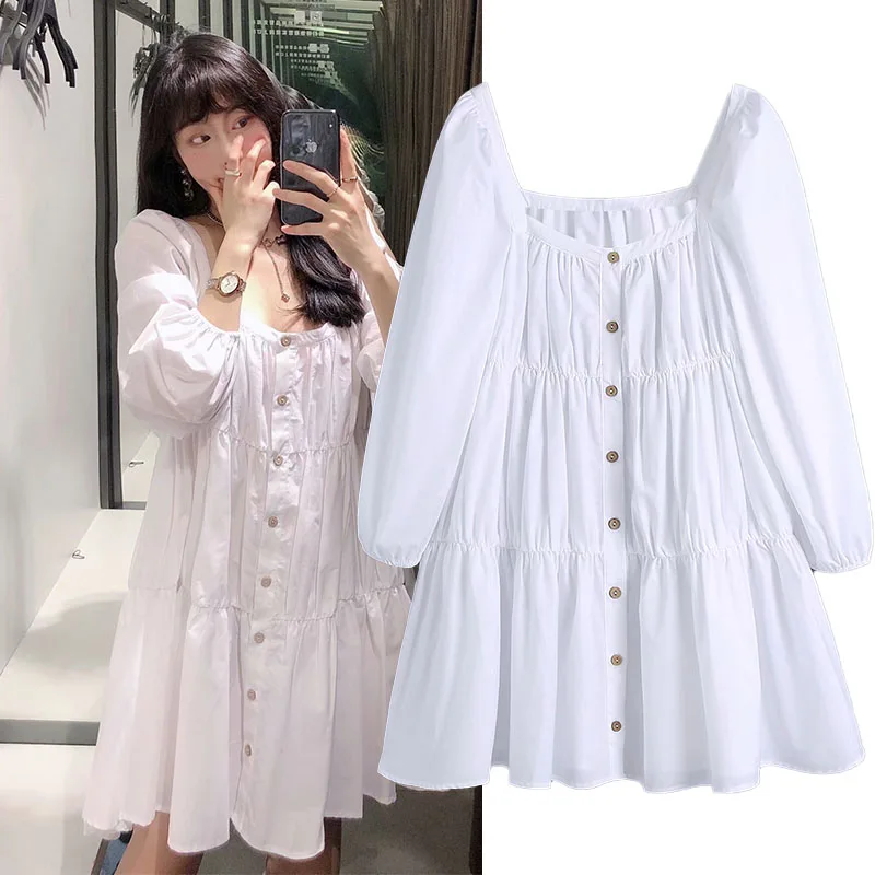 

WESAY JESI Summer Light Dresses White Long Sleeve Women's Mini Skirt Fashion Chic Single-Breasted Loose Ladies Clothes Casual