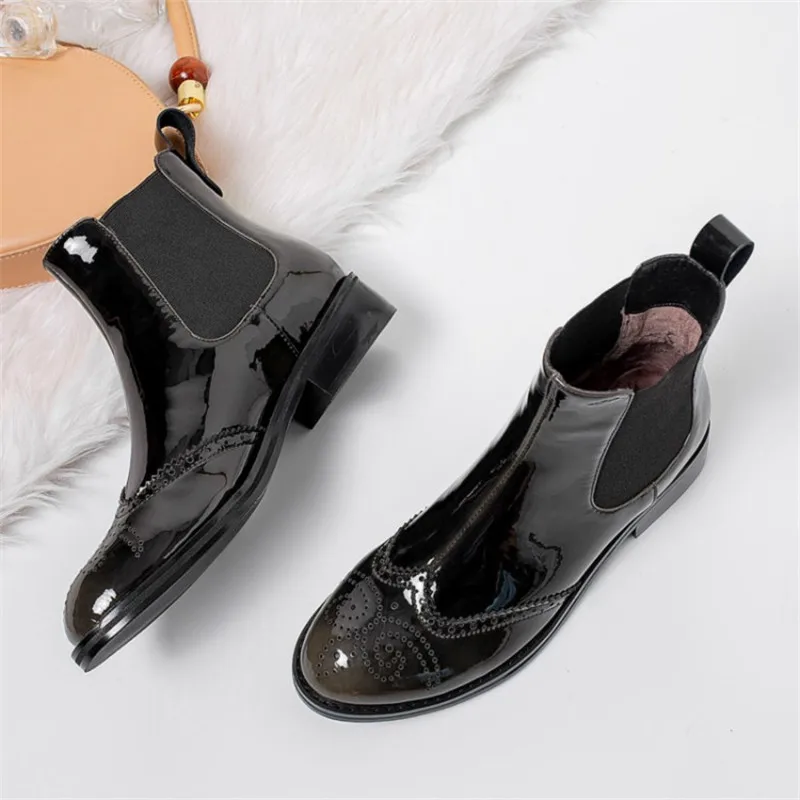 Модные женские ботинки из лакированной кожи обувь на плоской подошве с круглым