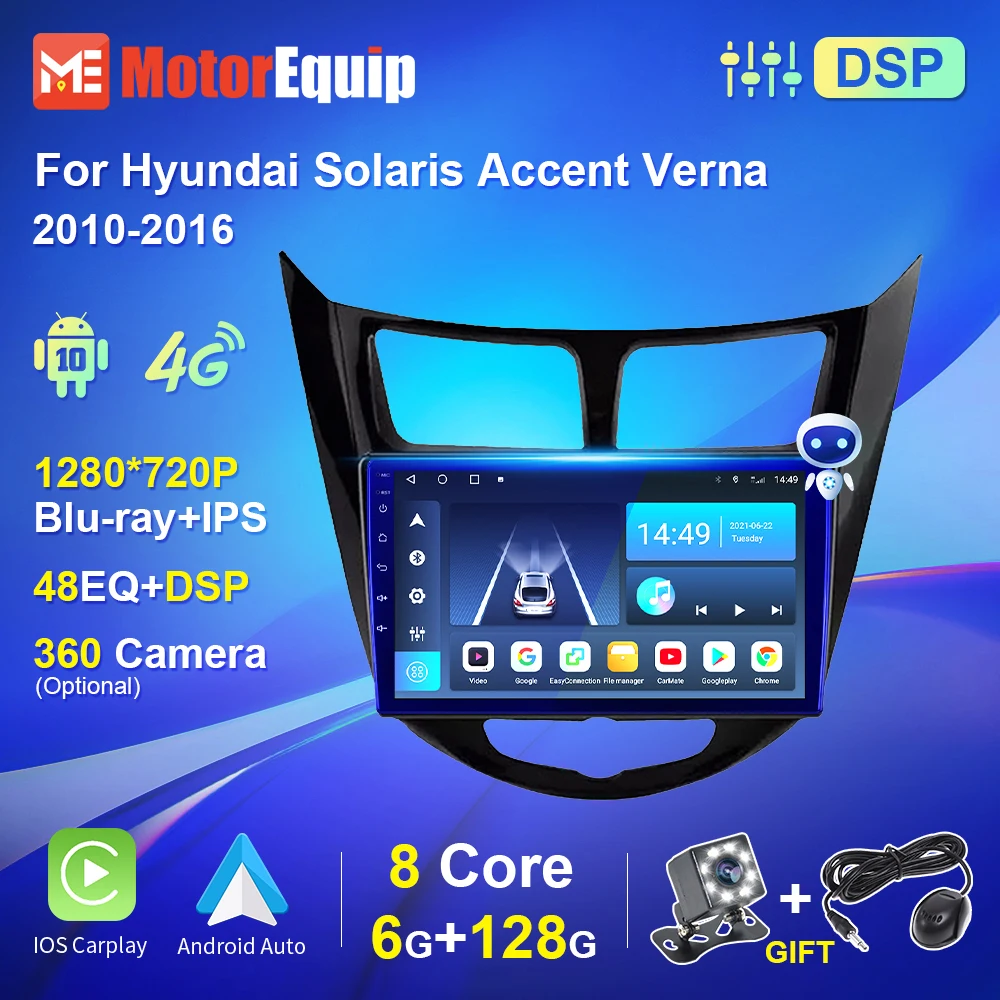 

Автомагнитола Blu-ray, мультимедийный видеоплеер для автомобиля, Android для Hyundai Solaris, Accent, Verna 2010-2016, навигация GPS, 4G, Wi-Fi, Carplay