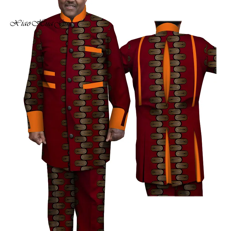 Дашики Мужская африканская одежда однобортный Топ рубашки и брюки наборы Bazin
