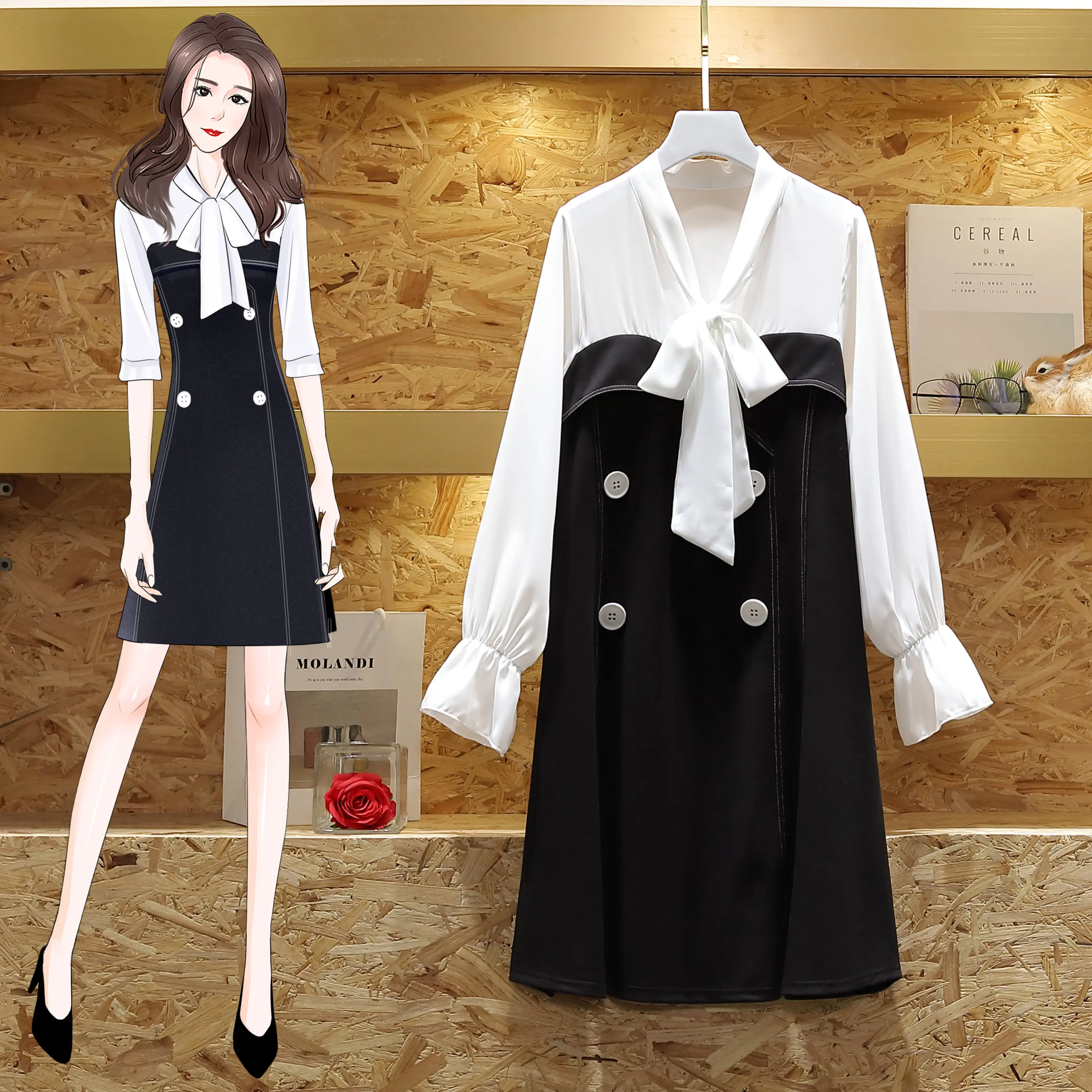 HAMALIEL New Women Black White Patchwork Oversize Loose Dress Spring Plus Size Double-breasted Bowknot Flare Sleeve Casual | Женская