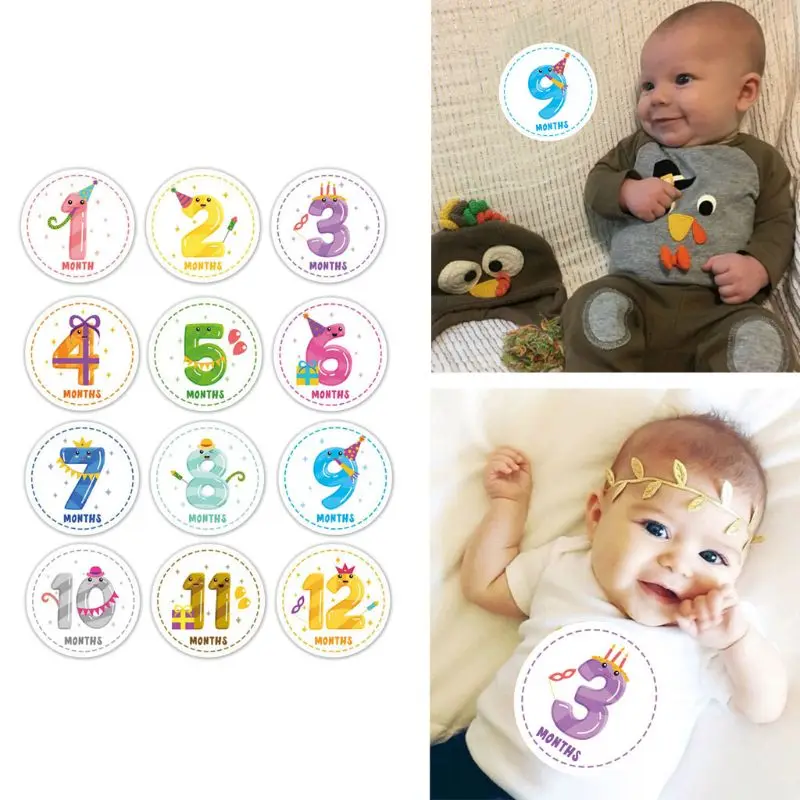 Pegatinas de hitos mensuales para beb&eacute;, calcoman&iacute;as de vientre para reci&eacute;n nacido, regalo de ducha, &aacute;lbum de recortes, recuerdo de foto, 12 Uds.-1