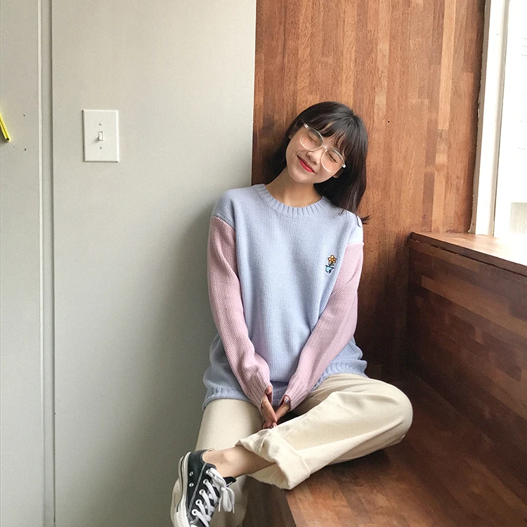 REALEFT/осенне-зимние теплые женские свитера с круглым вырезом и вышивкой пуловер в