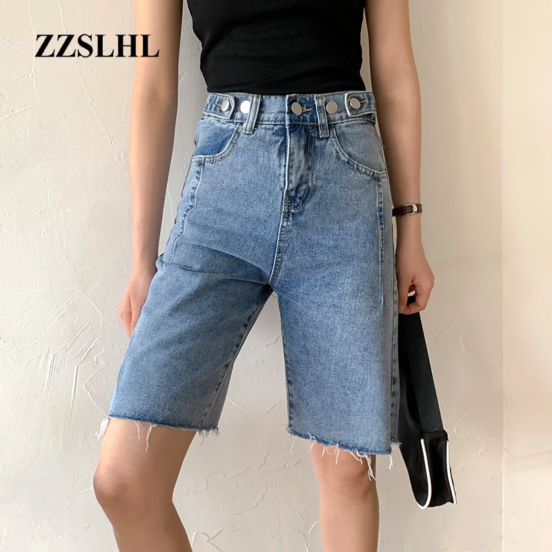 

High Waist Knee Length Denim Pants 2020 Summer Women Button Pockets Elastic Basic Jeans Female Straight Bottom Pants