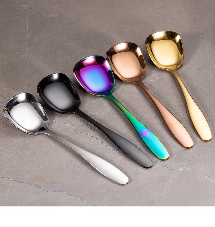 

Creative 304 Stainless Steel Spoons Rose Gold Flat Bottom Square Head Soup Spoon Dessert Spoon Kitchen Dinner Tableware Supplies