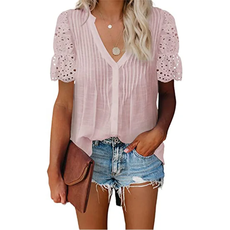 

2021 Europe and the United States cross-border Amazon explosive V-neck lace stitched pleated short-sleeved chiffon shirt top