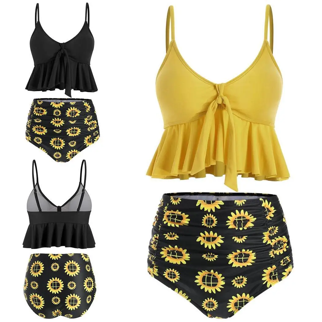 Женская мода цветочный принт рюшами без рукавов Повседневная Талия Танкини