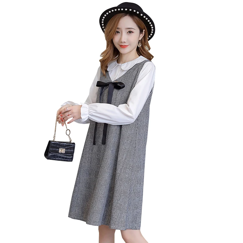 6596# 2PCS/Set Autumn Korean Fashion Maternity Dress Sweet Lovely Straight Loose Clothes for Pregnant Women Fall Pregnancy