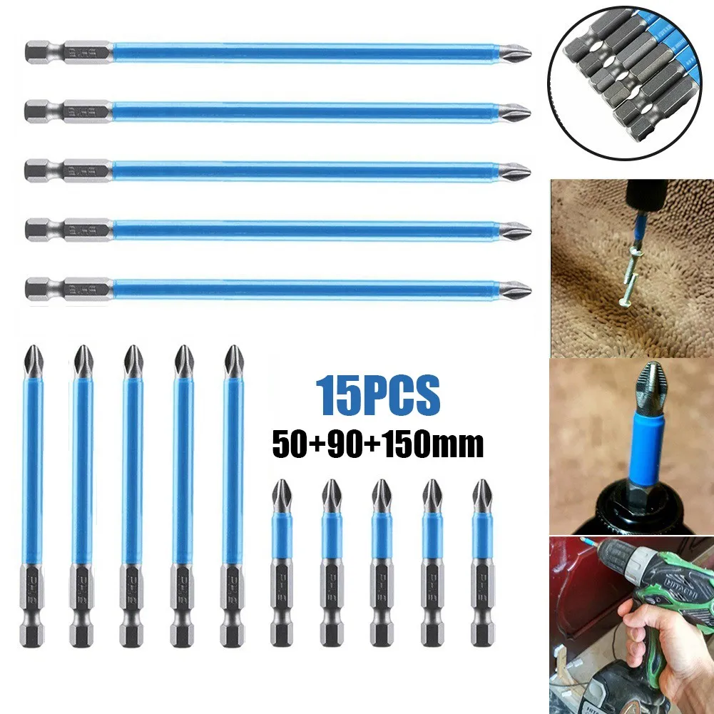 

15pcs 1/4\" Hex Anti-slip Magnetic PH2 Screwdriver Power Bits Set 50/90/150mm For Cordless Drills And Electric Screwdrivers
