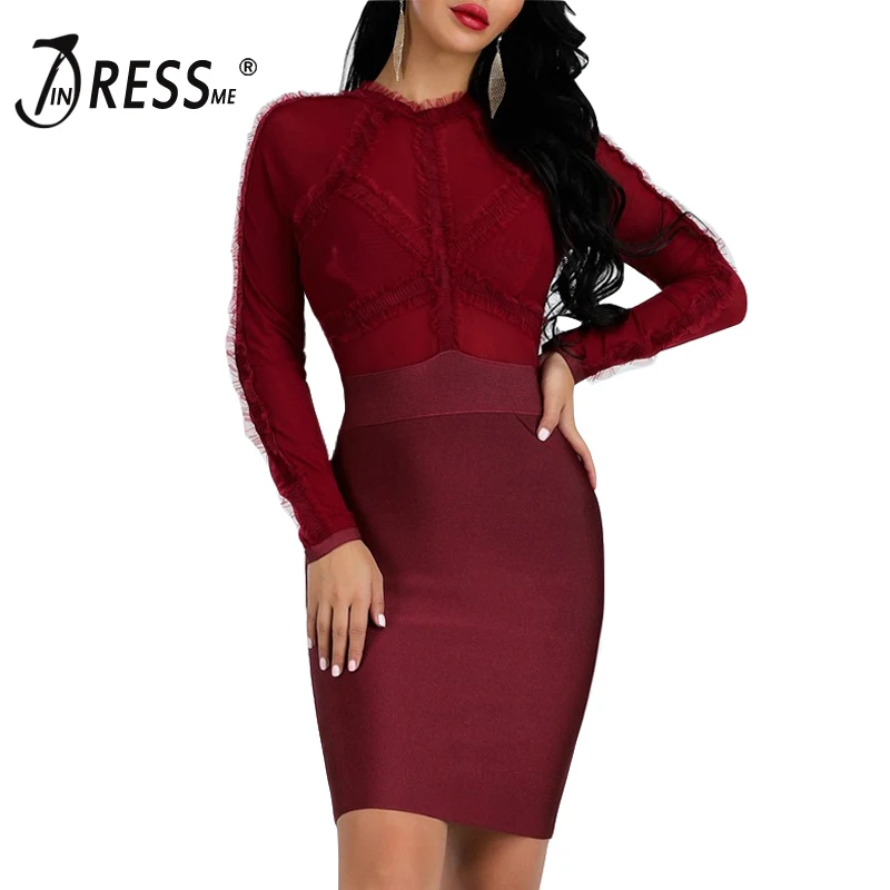 INDRESSME, женское Бандажное платье, сексуальное, кружевное, с круглым вырезом, длинный рукав, элегантное, с вырезом, облегающее, зимнее, женское, вечернее платье, vestidos