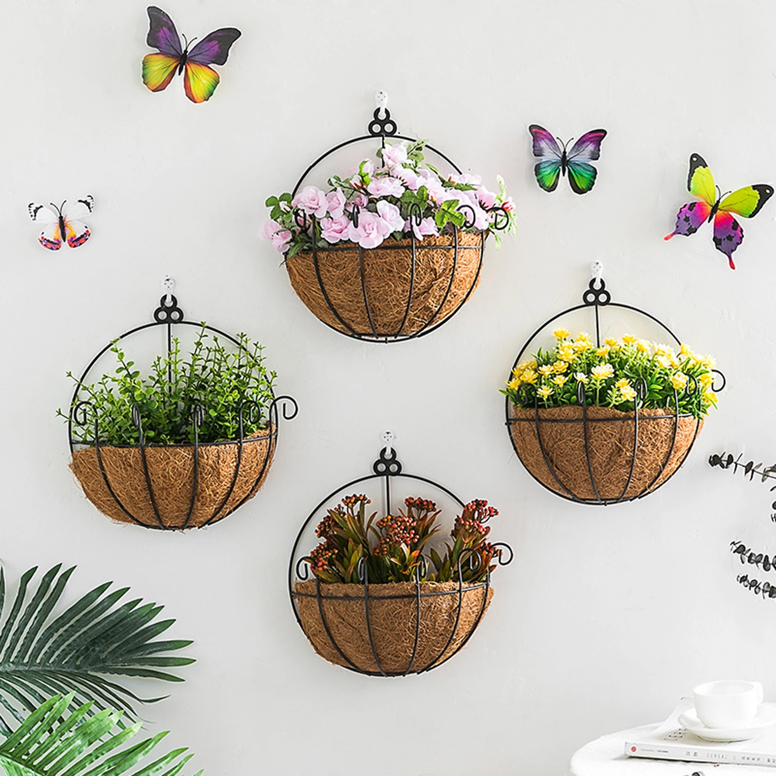 Flowerpot with Artificial Flower, Coconut Vase Hanging Basket Storage Box for Home Cafe Shops