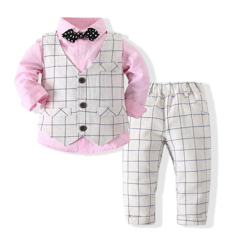 

New Baby Boys 3pcs Sets Lattice Vest Shirts Pants Kids Clothes Spring Autumn Outfit Childrens Student Host Dresses High Quality