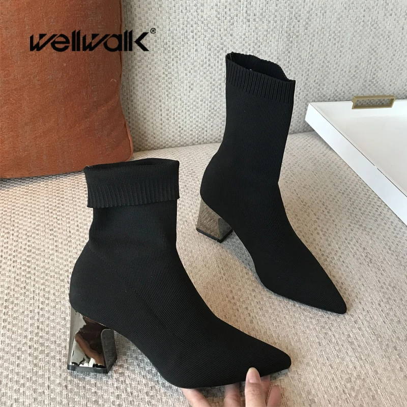 Stretch Boots Women Winter Heels Shoes Pointed Toe Ankle Women's Sock Booties With Pewter Chucky Heel Foldable Style 2020 | Обувь