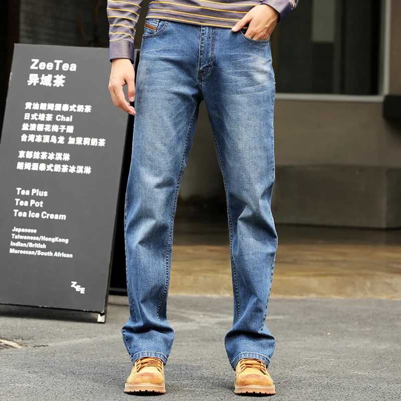 Men Baggy Jeans Straight Elastic Breathable Blue Leisure Large Size Trousers Hip Hop Streetwear Skateboard Denim Pants