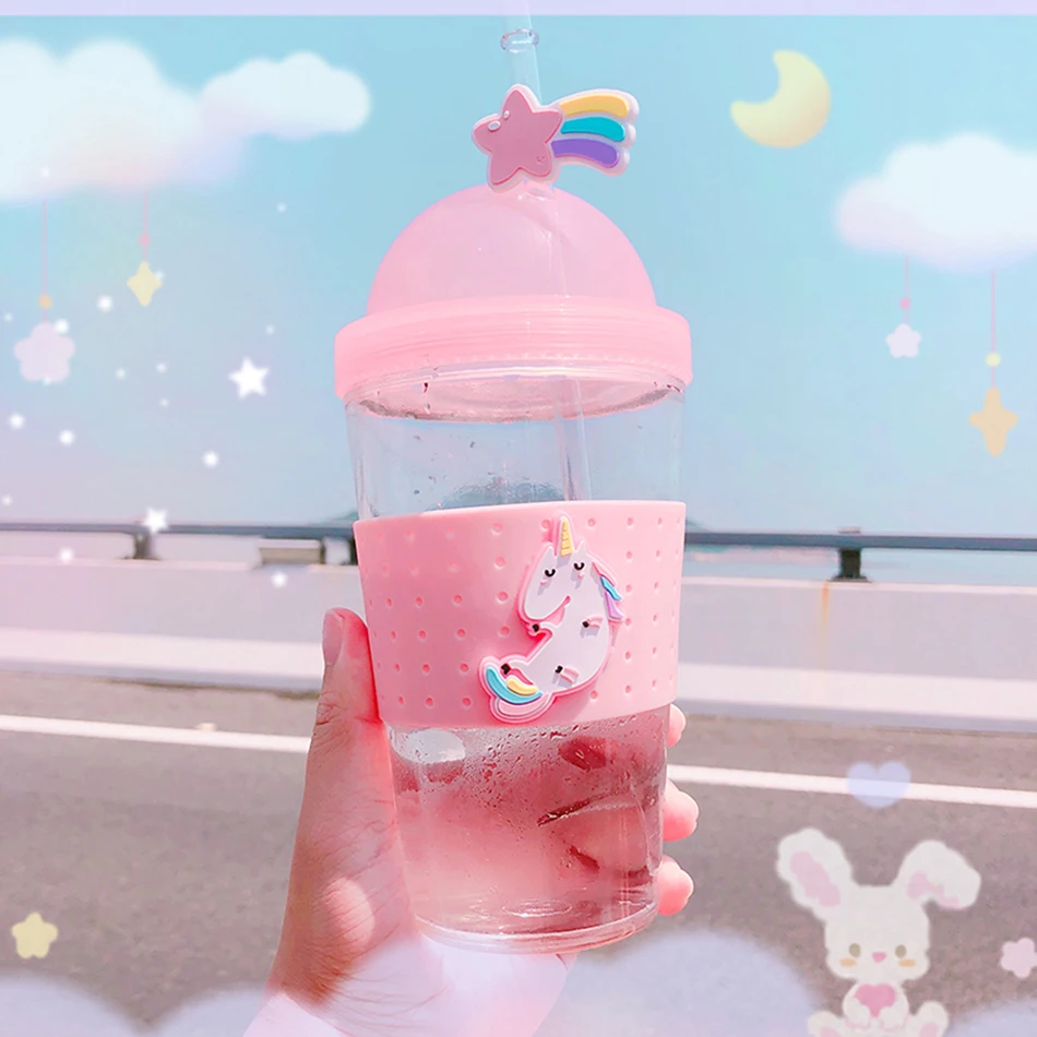 Boxi Kpop Kawaii стеклянная бутылка для воды для девочек, мультяшная Милая бутылка для воды для детей и взрослых, чашка для воды с крышкой и соломенными ручными чашками