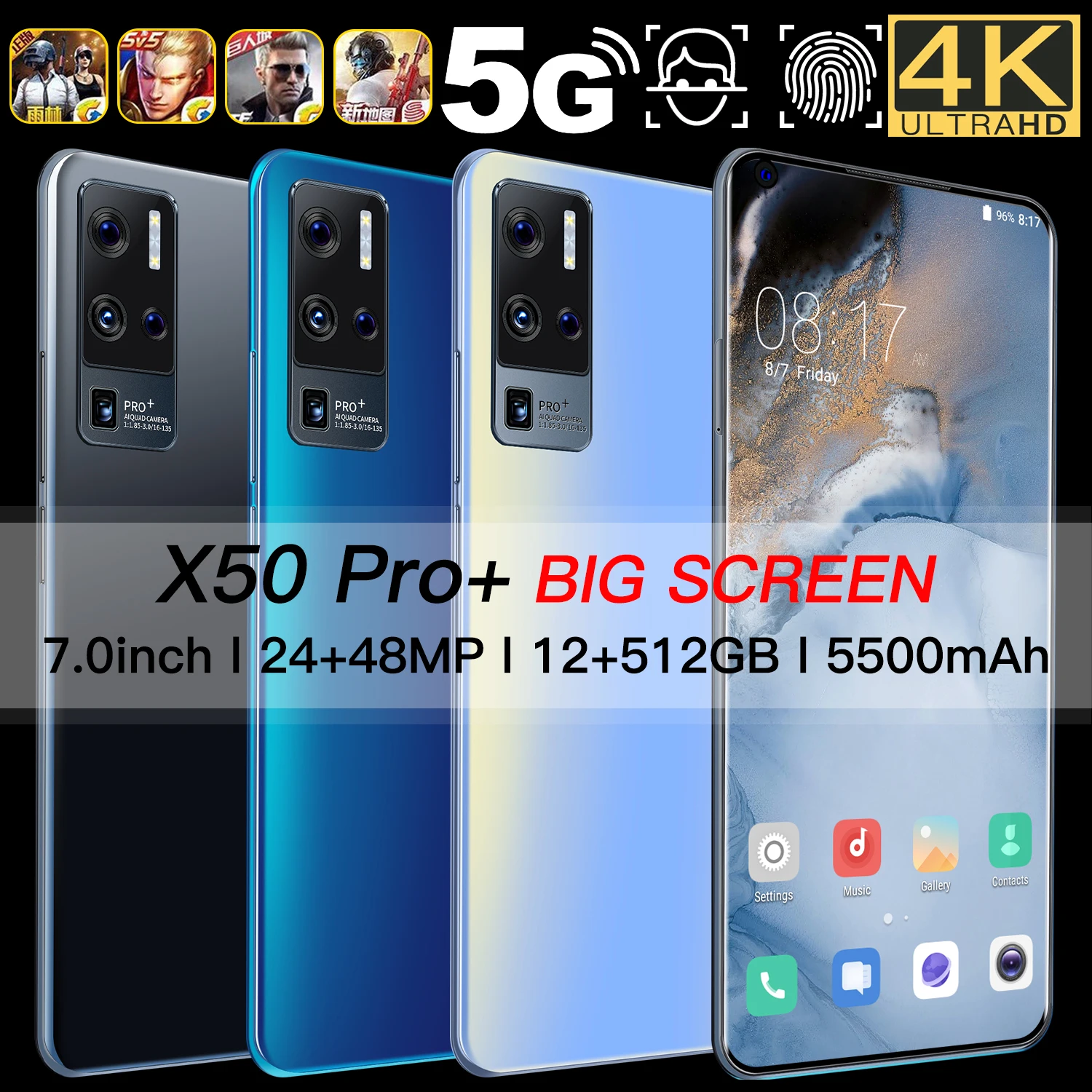 

Global Version X50 Pro+ 5G Real 7.0" Cellphone 25+48MP MTK6889 5500mAh Android 11 10 Core 12GB RAM 512GB ROM GPS Smartphones