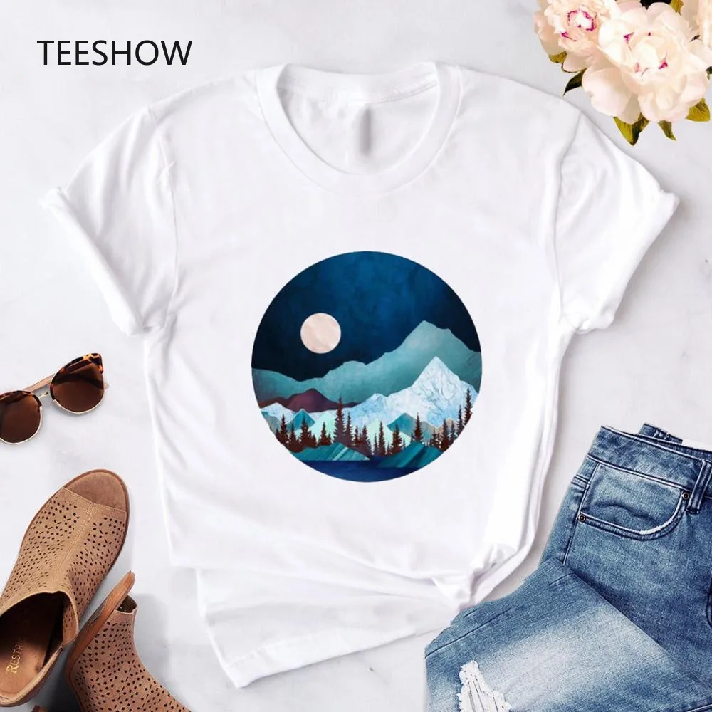 

Hot Nature landscape Cool print Tshirt women Harajuku casual Graphic white Tshirt Hip Hop Tees streetwear short sleeve Top mujer