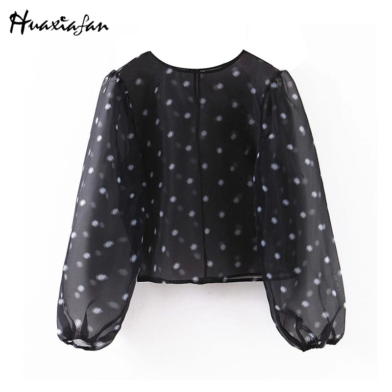 Huaxiafan женская блузка Прозрачный цветочный принт Сексуальная рубашка женские