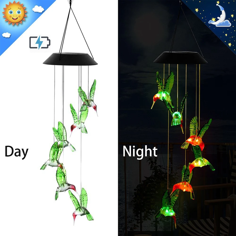 

Solar Powered LED Wind Chime Transparent Hummingbird Wind Chime Color-Changing Waterproof For Party Patio Yard Garden Decor