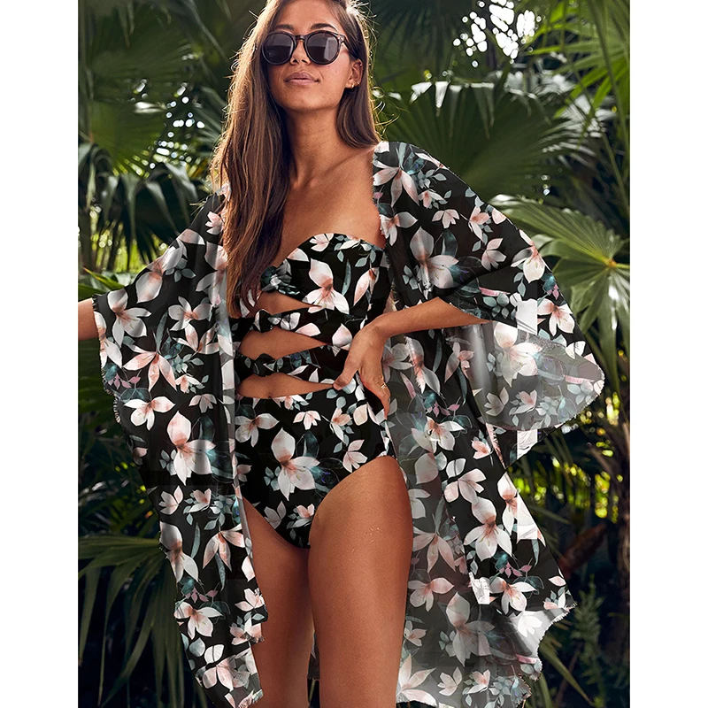 

Leaves Print Swimsuit Beach Cover Up Tunics for Beach Long Kaftan Bikini Cover Up Robe De Plage Sarong Beach Swimsuit Cover-Ups