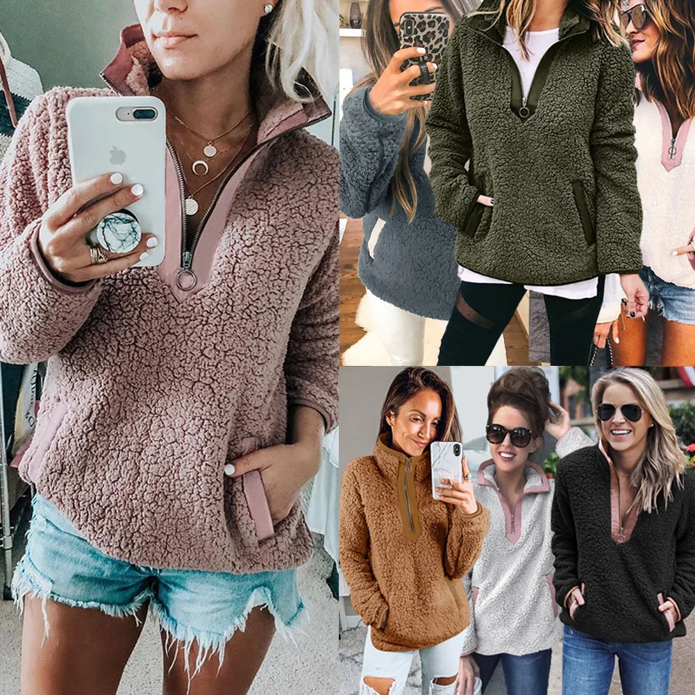 

Autumn and winter zipper pocket high neck long sleeve blouse jacket
