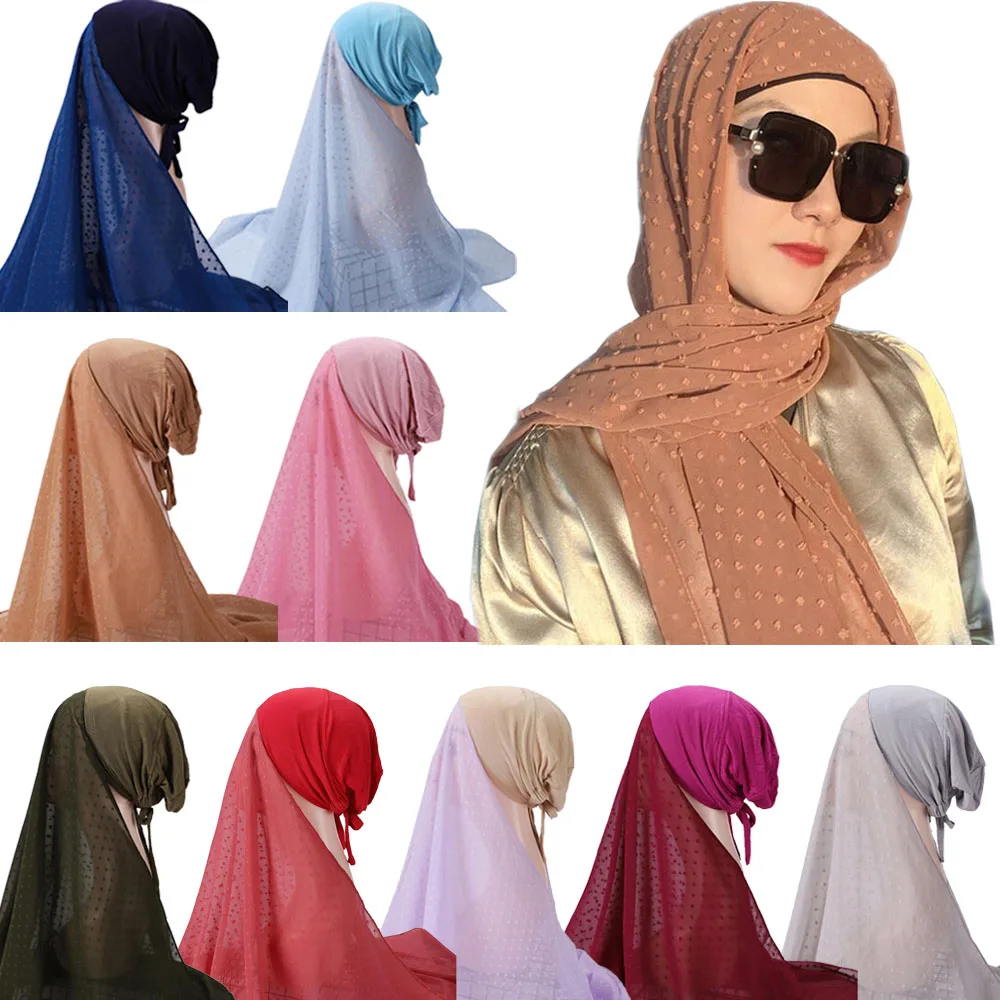 

Мусульманская женская шапочка с веревкой, шифоновая шаль с помпоном, эластичная бандажная Шапочка-Нижний шарф, быстрое покрытие для хиджаб...