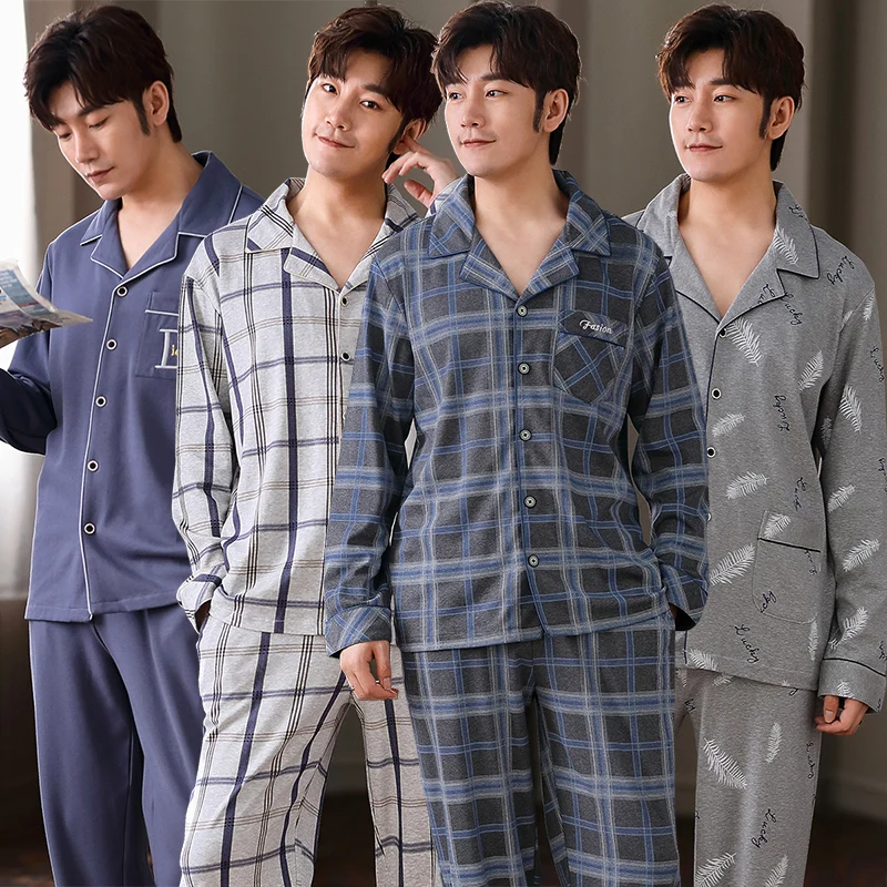 2021 New Autumn Long Sleeve Cotton Pajama Sets for Men Casual Plaid Sleepwear Suit Pyjamas Male Loungewear Homewear Home Clothes