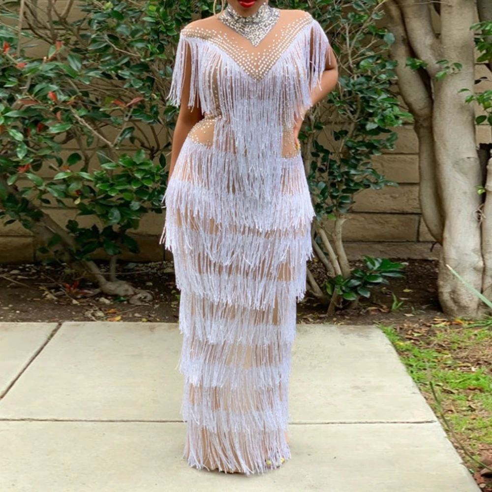 

Plus Size 4XL 5XL Dresses Sexy See Through Bodycon Ankle Lenght Tassels Evening Birthday Party Long Dress Outfits with Diamonds