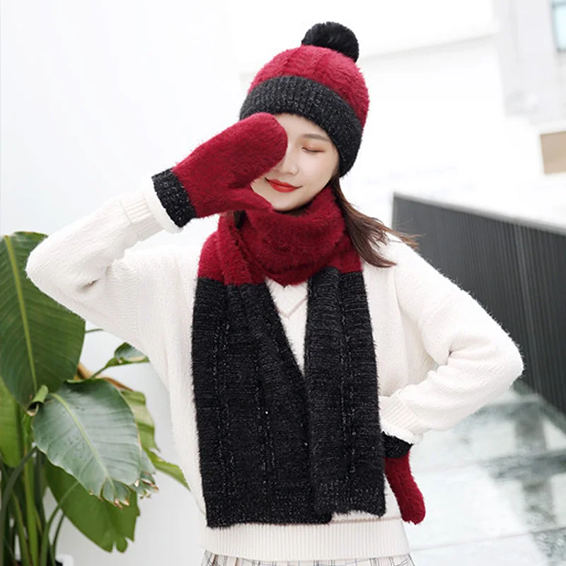 Шарф шапка набор перчаток женские шапочки с помпоном вязаные шапки осень зима